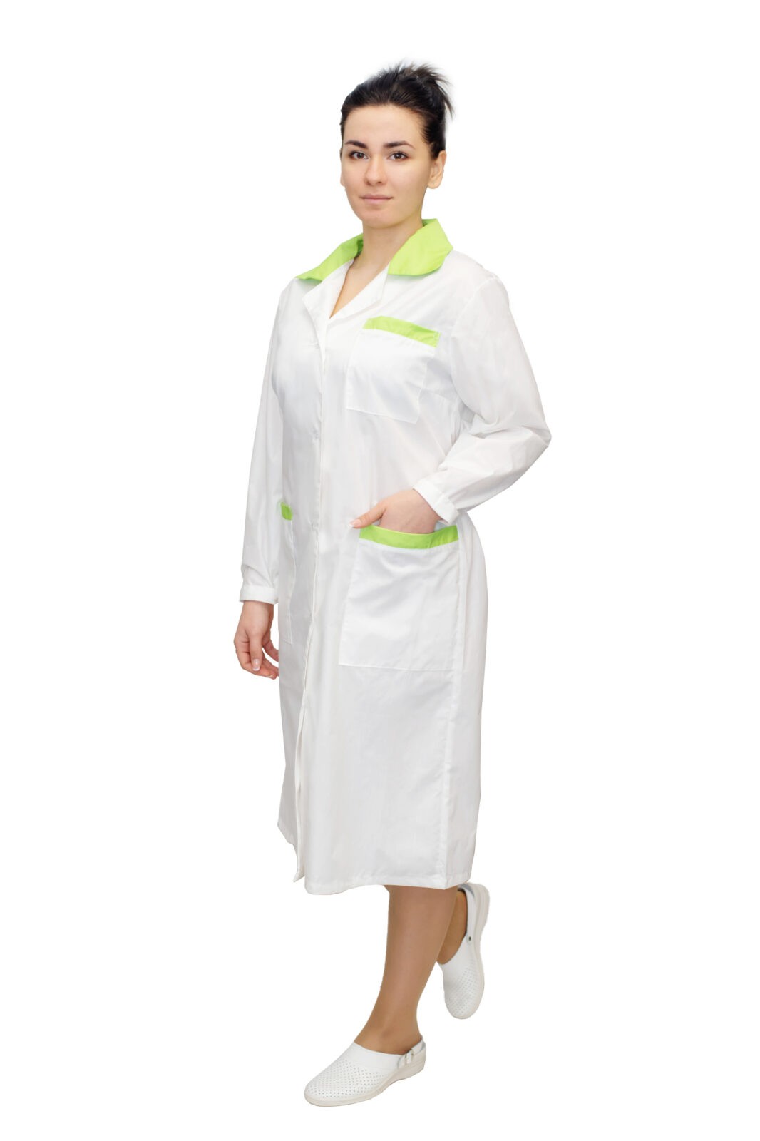 Халат медицинский женский с отделкой (белый/зелёный) ткань ТИСИ