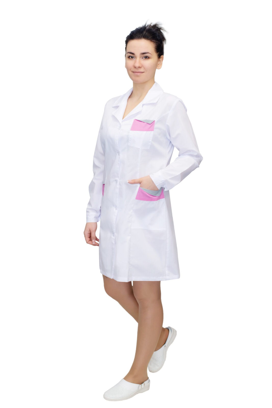 Халат медицинский женский (белый/розовый) ткань ТиСи, код 40700