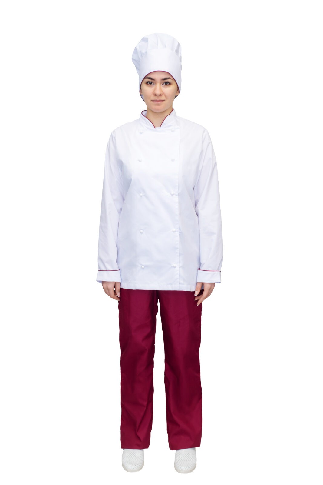 Женский костюм повара Гурман (белый/бордо) ткань ТиСи